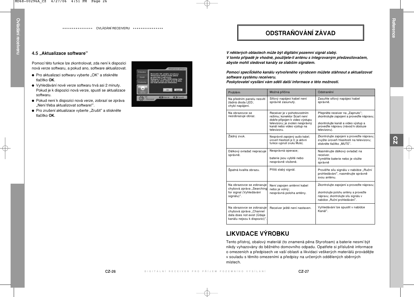 Odstra≈ování závad, Likvidace v¯robku | Samsung DTB-B360 User Manual | Page 61 / 62