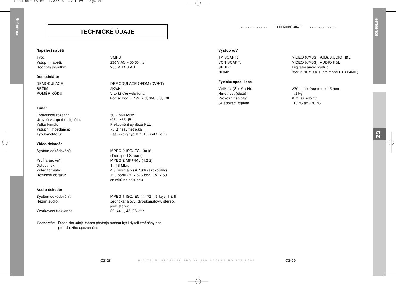 Technické údaje | Samsung DTB-B360 User Manual | Page 62 / 62