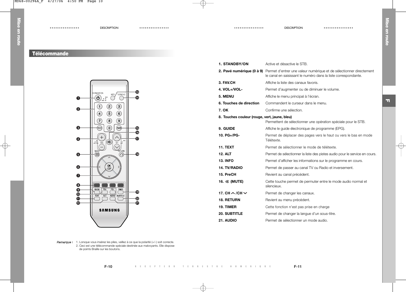 Télécommande | Samsung DTB-B360 User Manual | Page 8 / 62