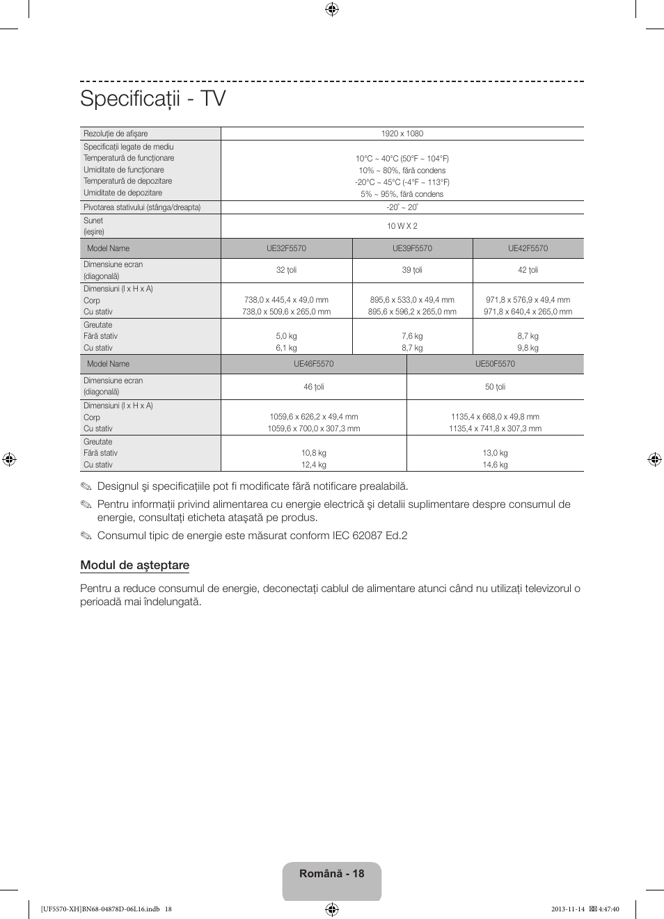 Specificaţii - tv, Modul de aşteptare | Samsung UE46F5570SS User Manual | Page 162 / 289
