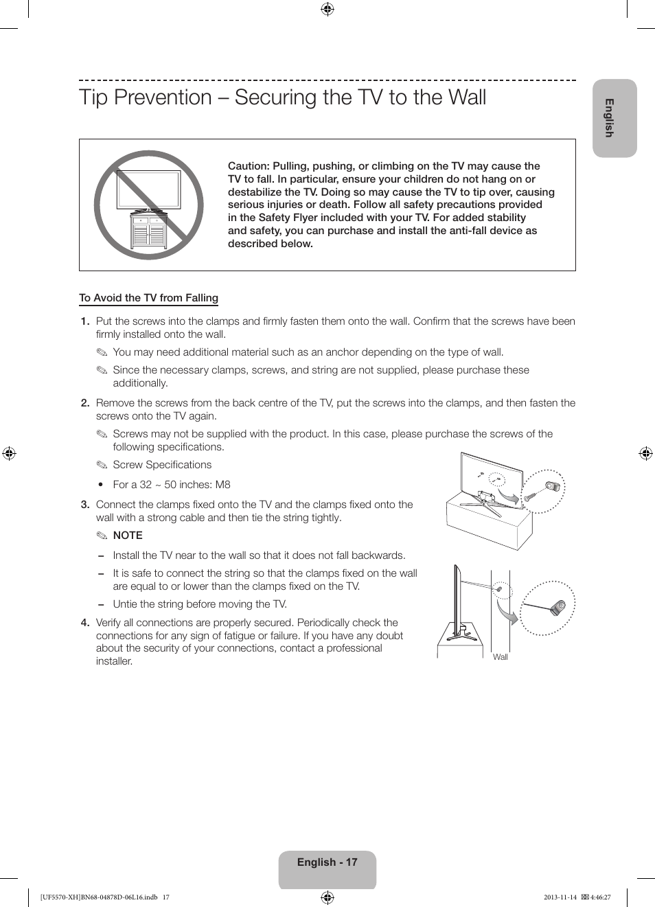 Tip prevention – securing the tv to the wall | Samsung UE46F5570SS User Manual | Page 17 / 289