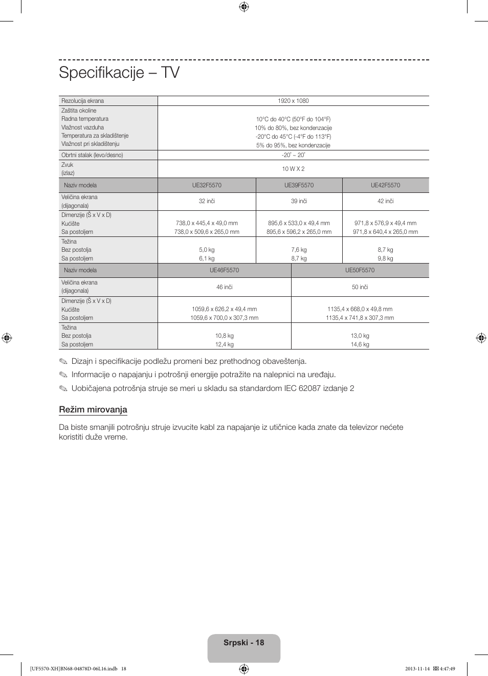 Specifikacije – tv, Režim mirovanja | Samsung UE46F5570SS User Manual | Page 180 / 289