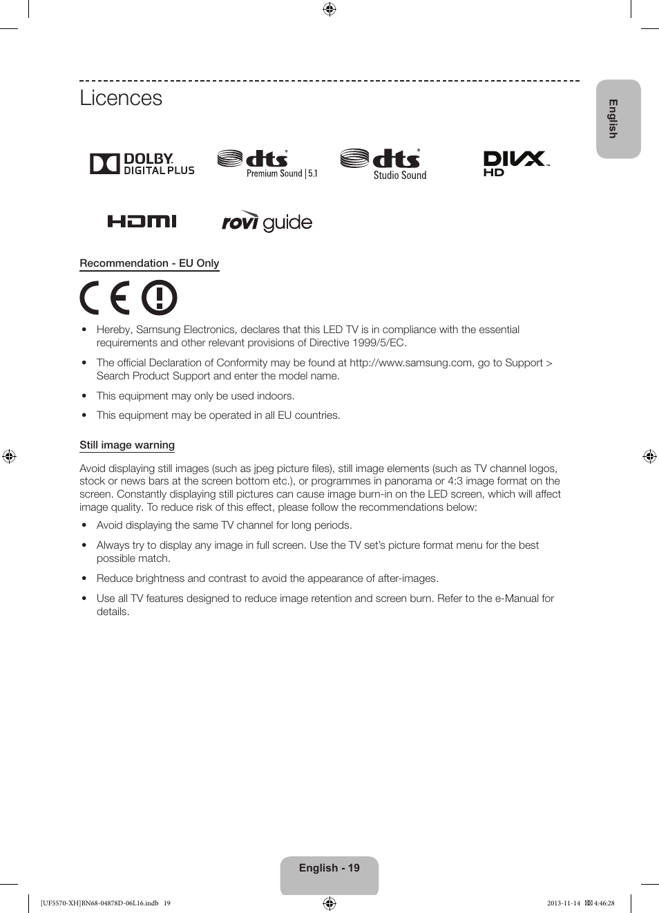 Licences | Samsung UE46F5570SS User Manual | Page 19 / 289