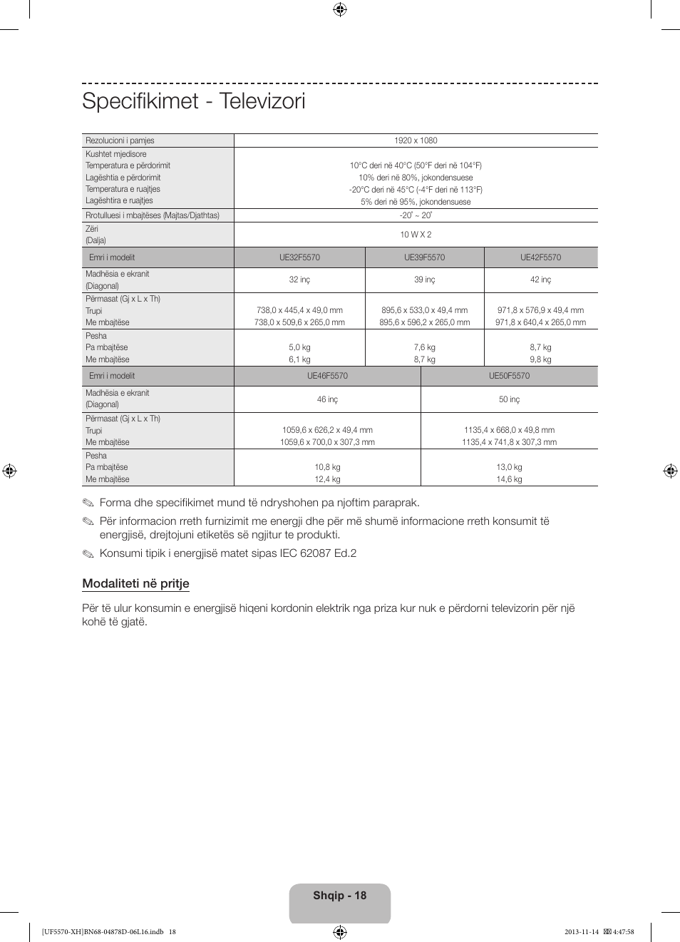 Specifikimet - televizori, Modaliteti në pritje | Samsung UE46F5570SS User Manual | Page 198 / 289