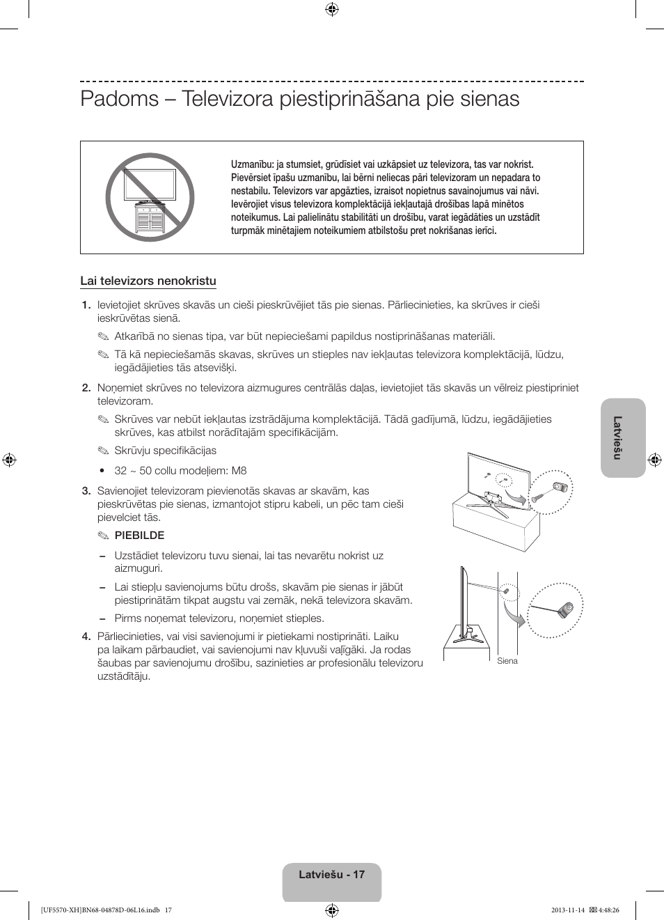 Padoms – televizora piestiprināšana pie sienas | Samsung UE46F5570SS User Manual | Page 251 / 289