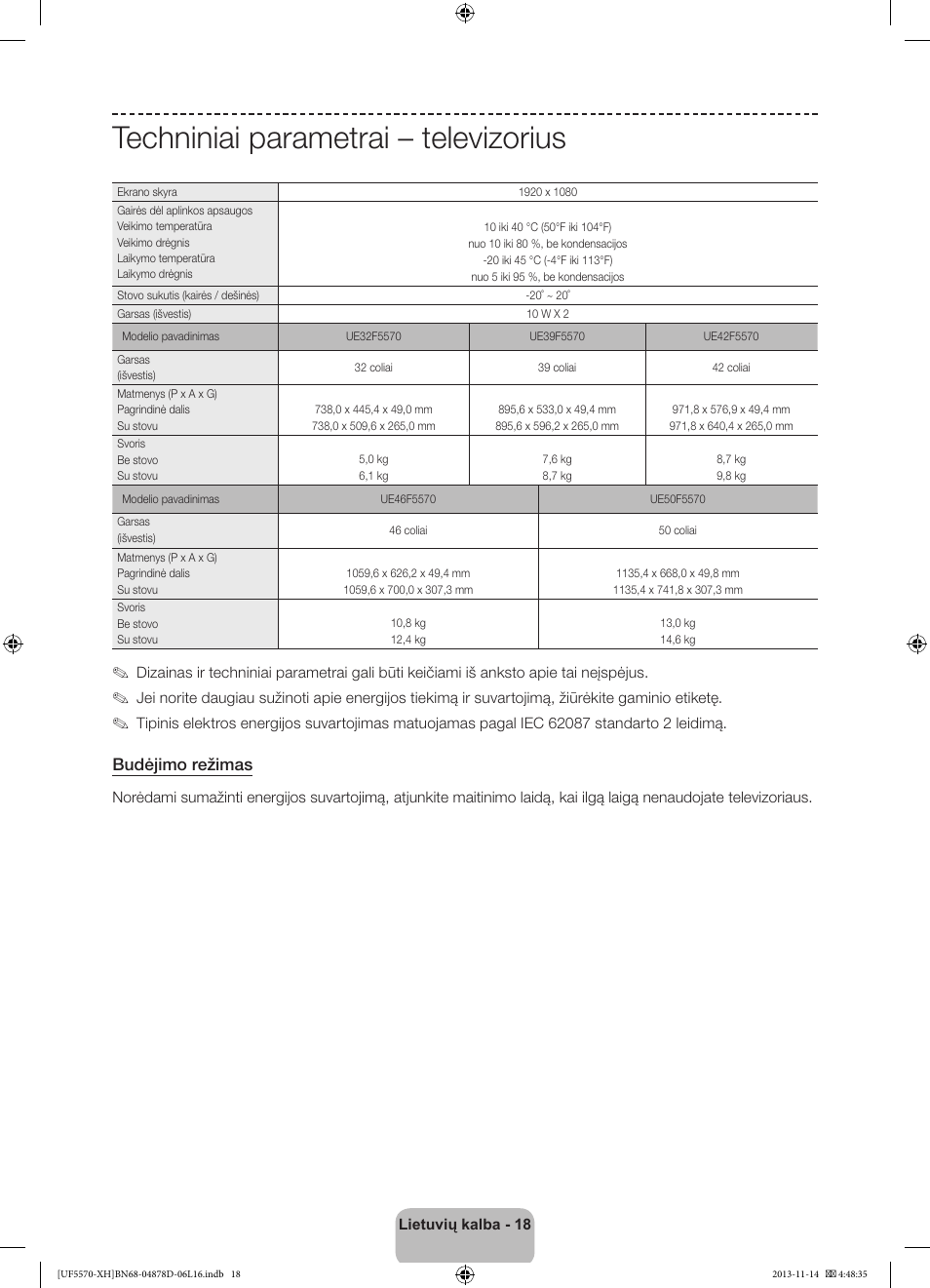 Techniniai parametrai – televizorius, Budėjimo režimas | Samsung UE46F5570SS User Manual | Page 270 / 289