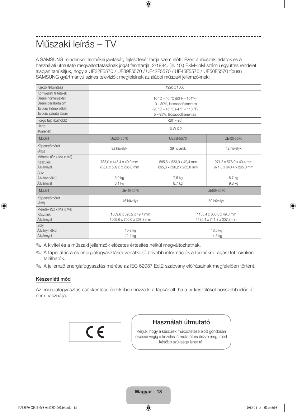 Műszaki leírás – tv, Használati útmutató | Samsung UE46F5570SS User Manual | Page 36 / 289