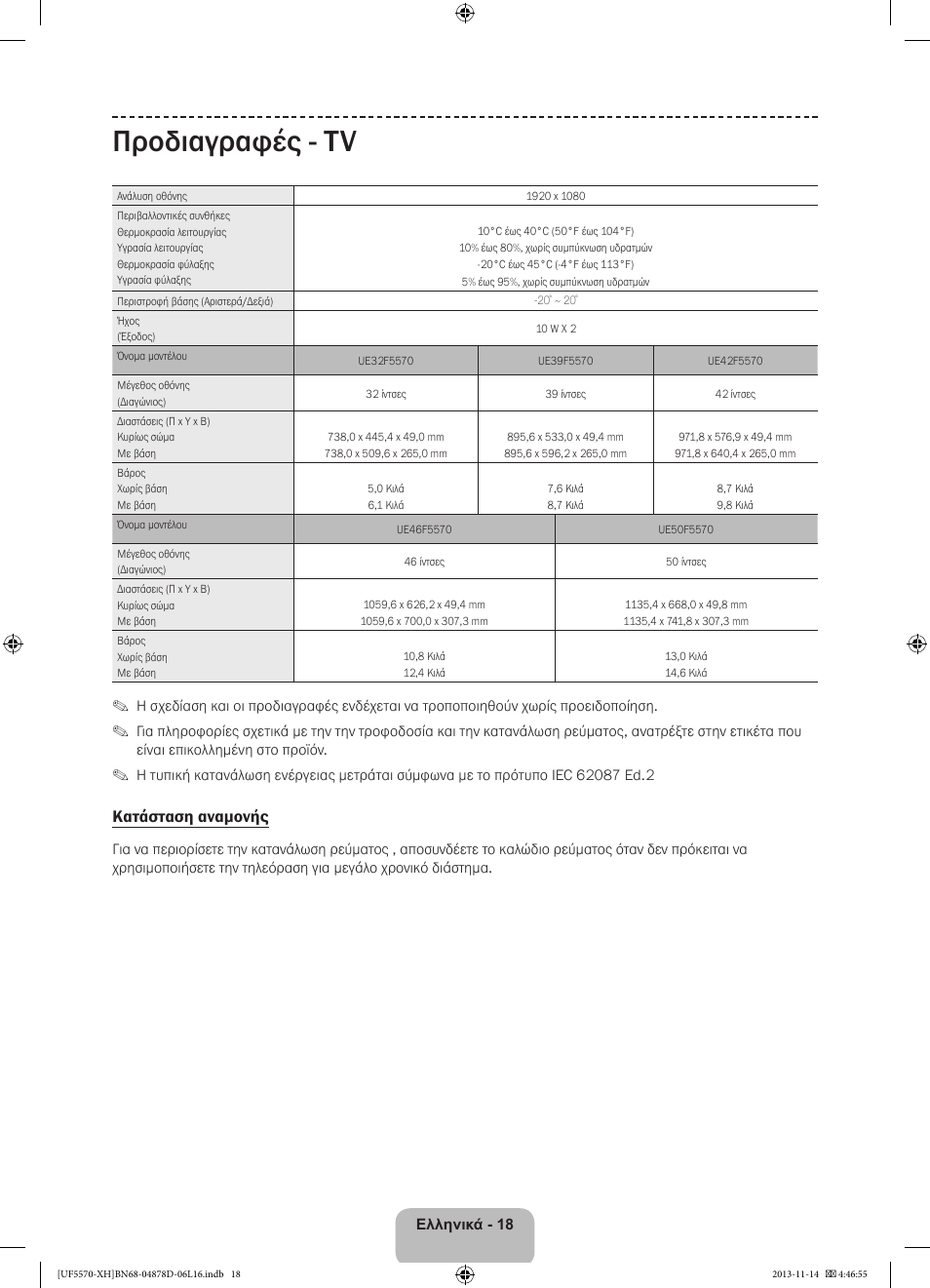 Προδιαγραφές - tv, Κατάσταση αναμονής | Samsung UE46F5570SS User Manual | Page 72 / 289