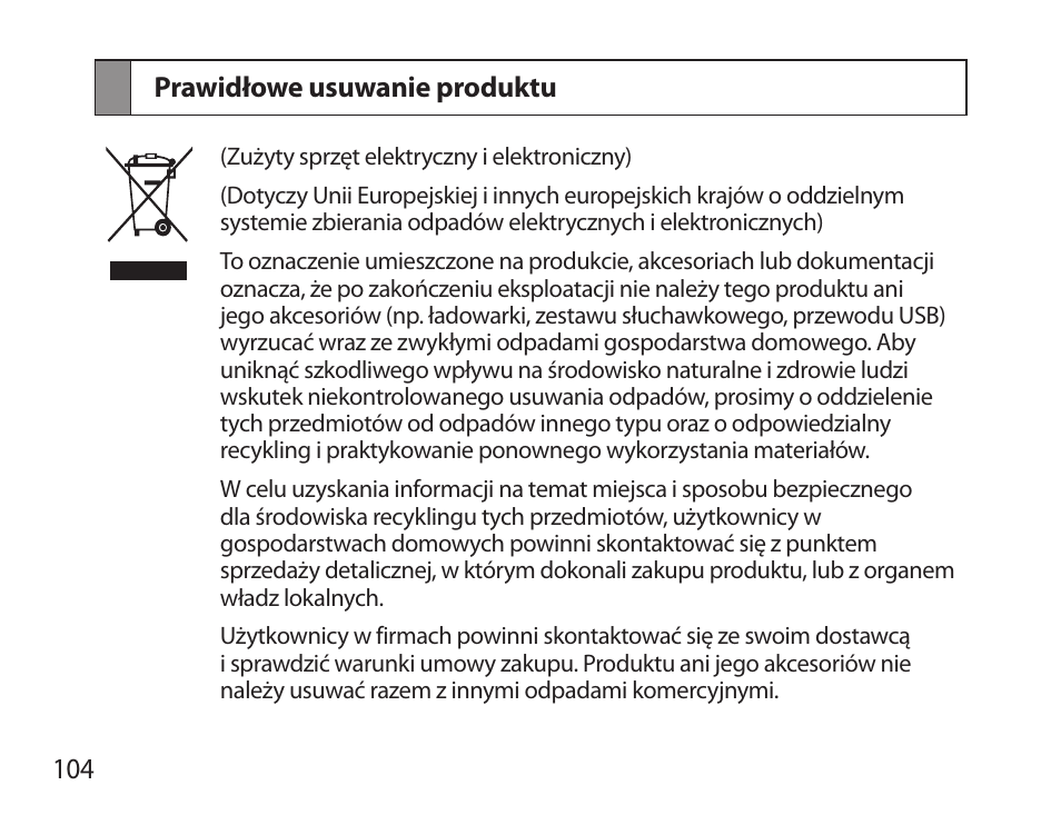 Prawidłowe usuwanie produktu | Samsung HM3700 User Manual | Page 106 / 213