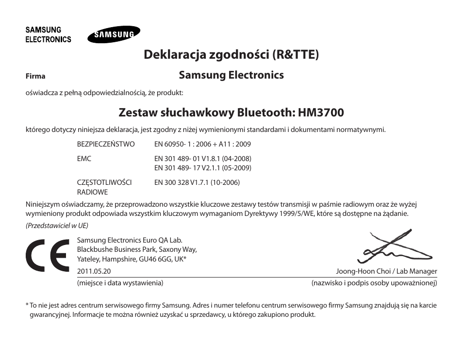 Deklaracja zgodności (r&tte), Zestaw słuchawkowy bluetooth: hm3700, Samsung electronics | Samsung HM3700 User Manual | Page 109 / 213