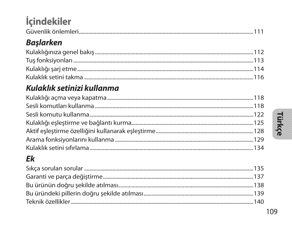 Türkçe, Içindekiler | Samsung HM3700 User Manual | Page 111 / 213