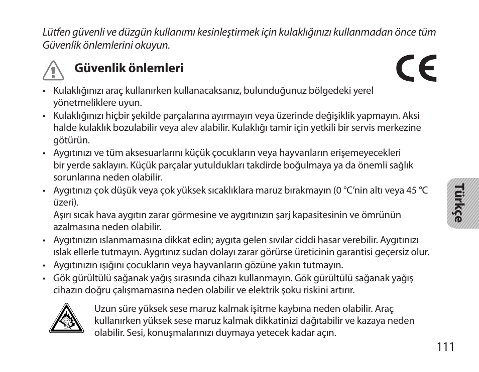 Güvenlik önlemleri, 111 tü rk çe | Samsung HM3700 User Manual | Page 113 / 213