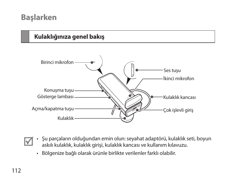 Başlarken, Kulaklığınıza genel bakış | Samsung HM3700 User Manual | Page 114 / 213