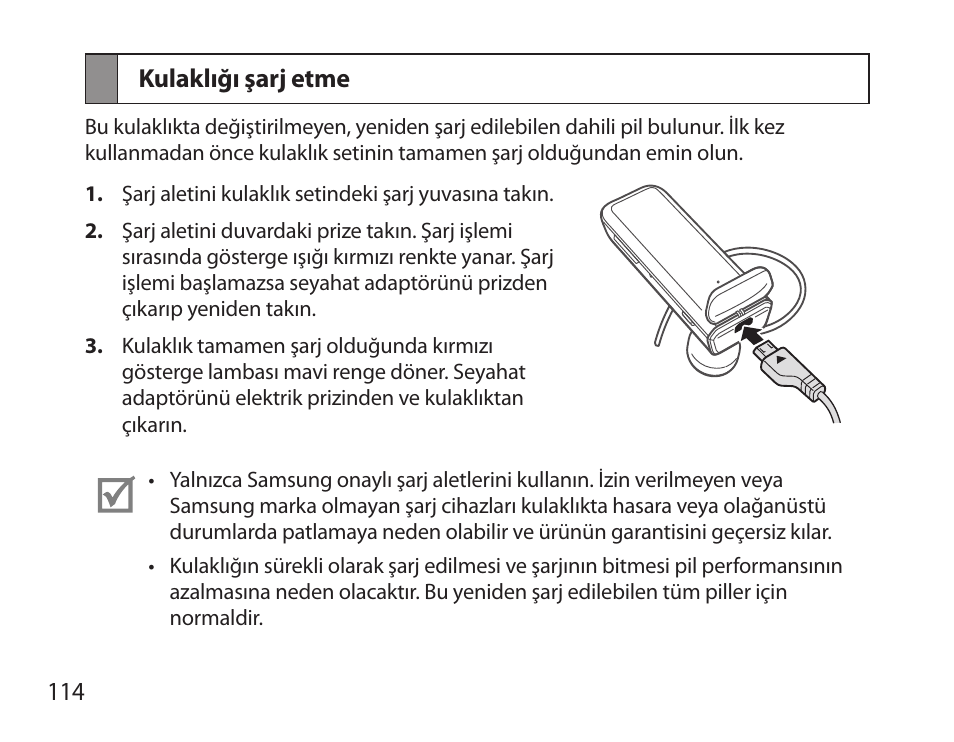 Kulaklığı şarj etme | Samsung HM3700 User Manual | Page 116 / 213