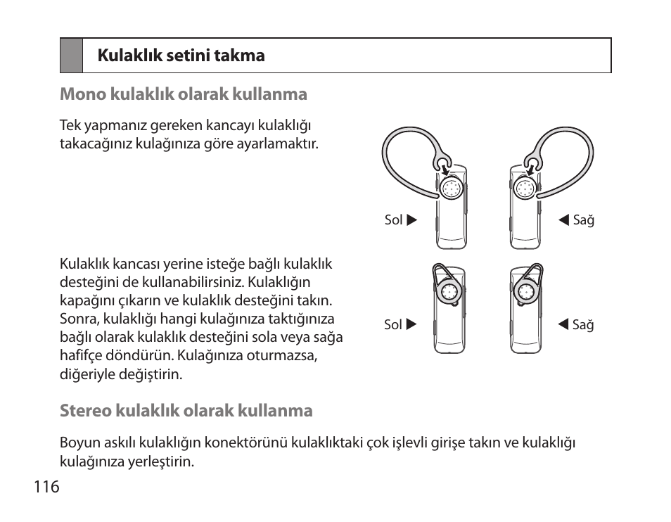 Kulaklık setini takma | Samsung HM3700 User Manual | Page 118 / 213