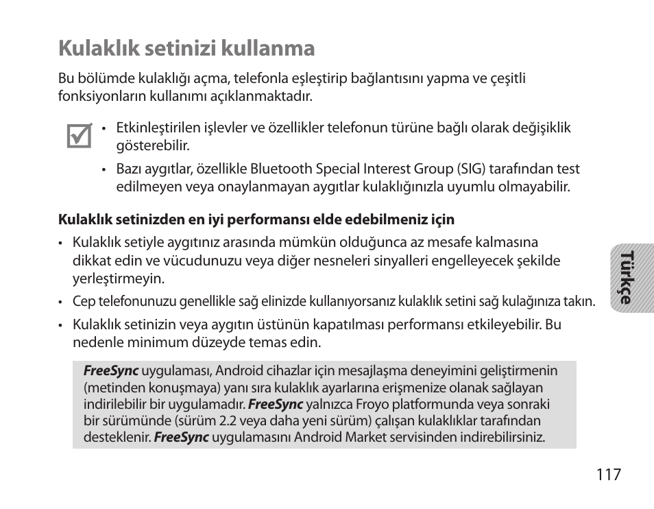 Kulaklık setinizi kullanma | Samsung HM3700 User Manual | Page 119 / 213