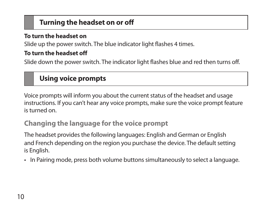 Turning the headset on or off, Using voice prompts, Turning the headset on or off using voice prompts | Samsung HM3700 User Manual | Page 12 / 213
