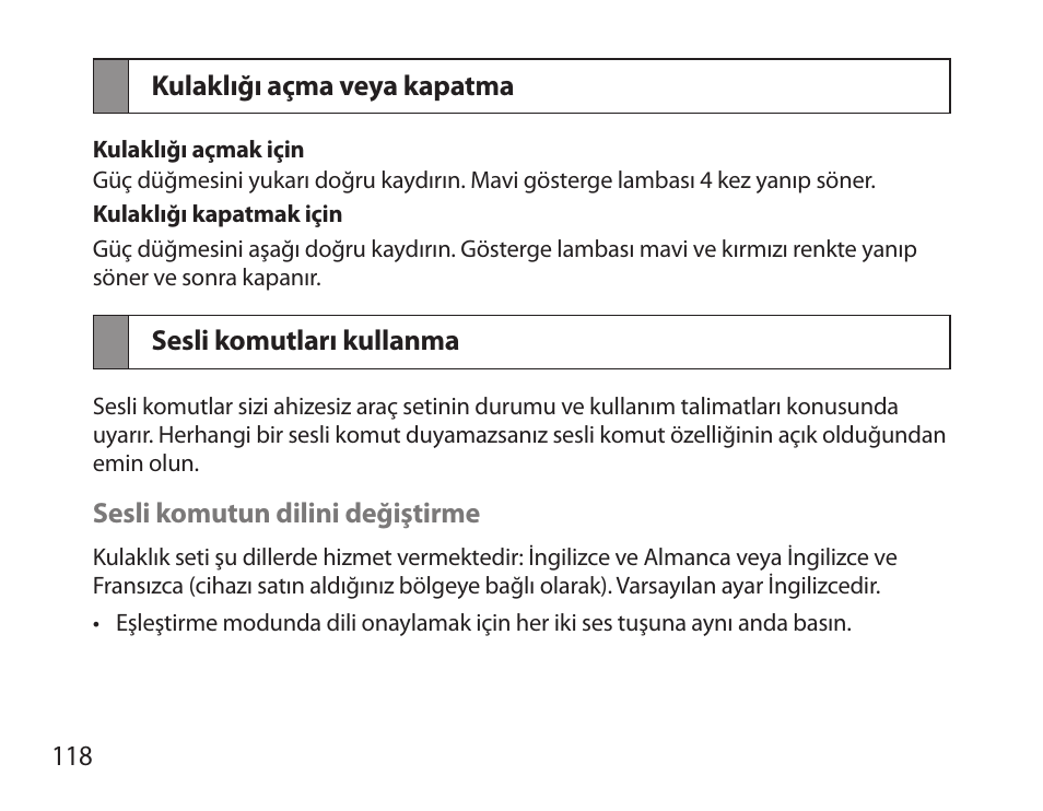 Kulaklığı açma veya kapatma, Sesli komutları kullanma | Samsung HM3700 User Manual | Page 120 / 213