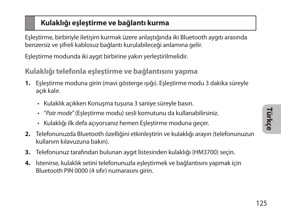 Kulaklığı eşleştirme ve bağlantı kurma | Samsung HM3700 User Manual | Page 127 / 213