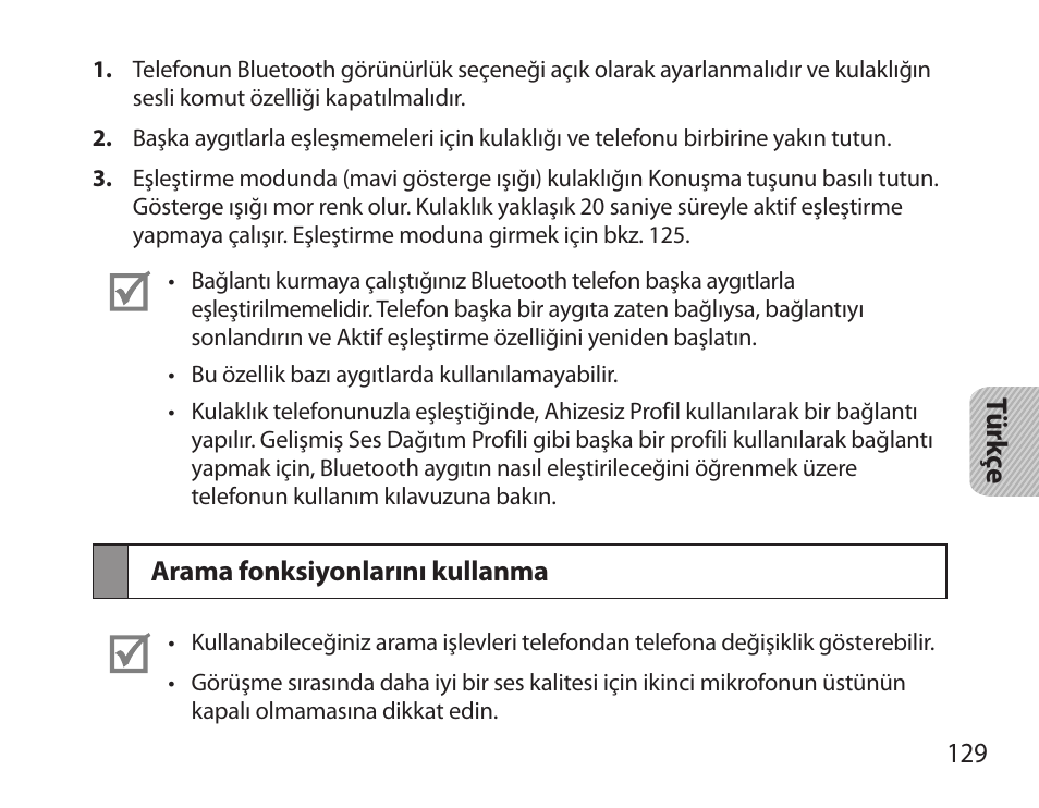 Arama fonksiyonlarını kullanma | Samsung HM3700 User Manual | Page 131 / 213