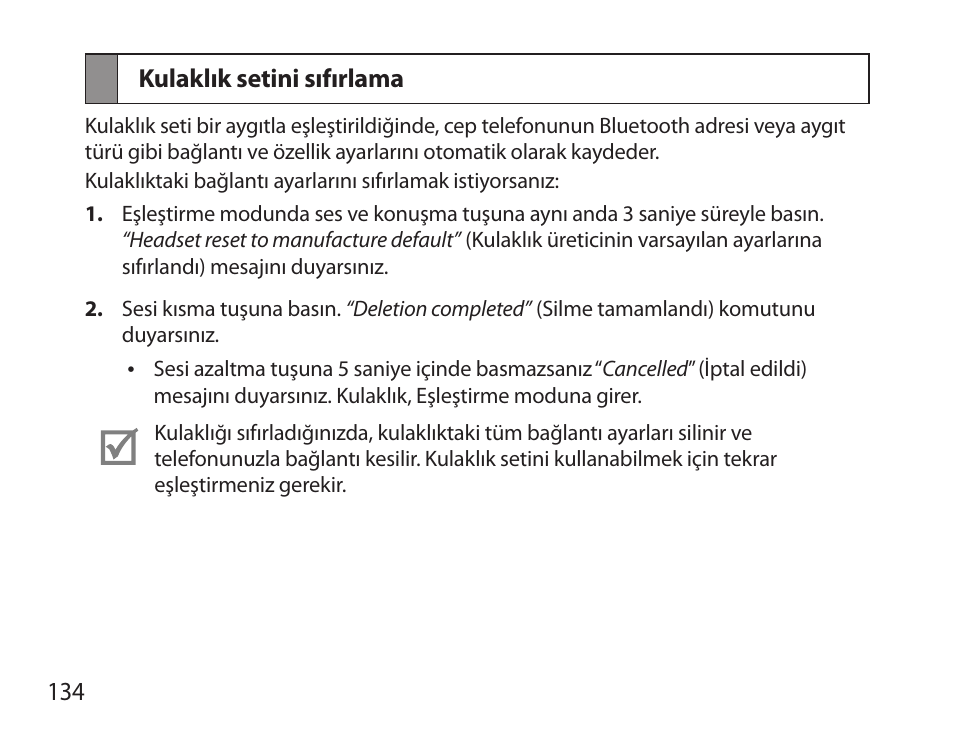 Kulaklık setini sıfırlama | Samsung HM3700 User Manual | Page 136 / 213