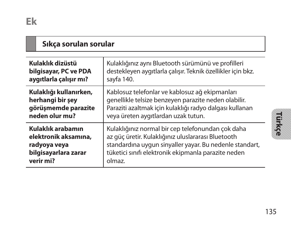 Sıkça sorulan sorular | Samsung HM3700 User Manual | Page 137 / 213