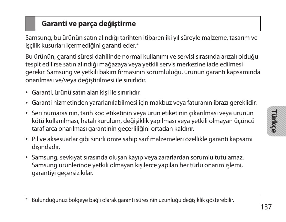 Garanti ve parça değiştirme | Samsung HM3700 User Manual | Page 139 / 213