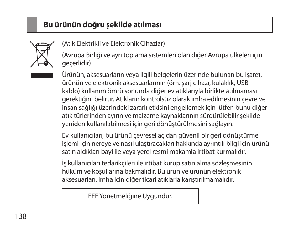 Bu ürünün doğru şekilde atılması | Samsung HM3700 User Manual | Page 140 / 213