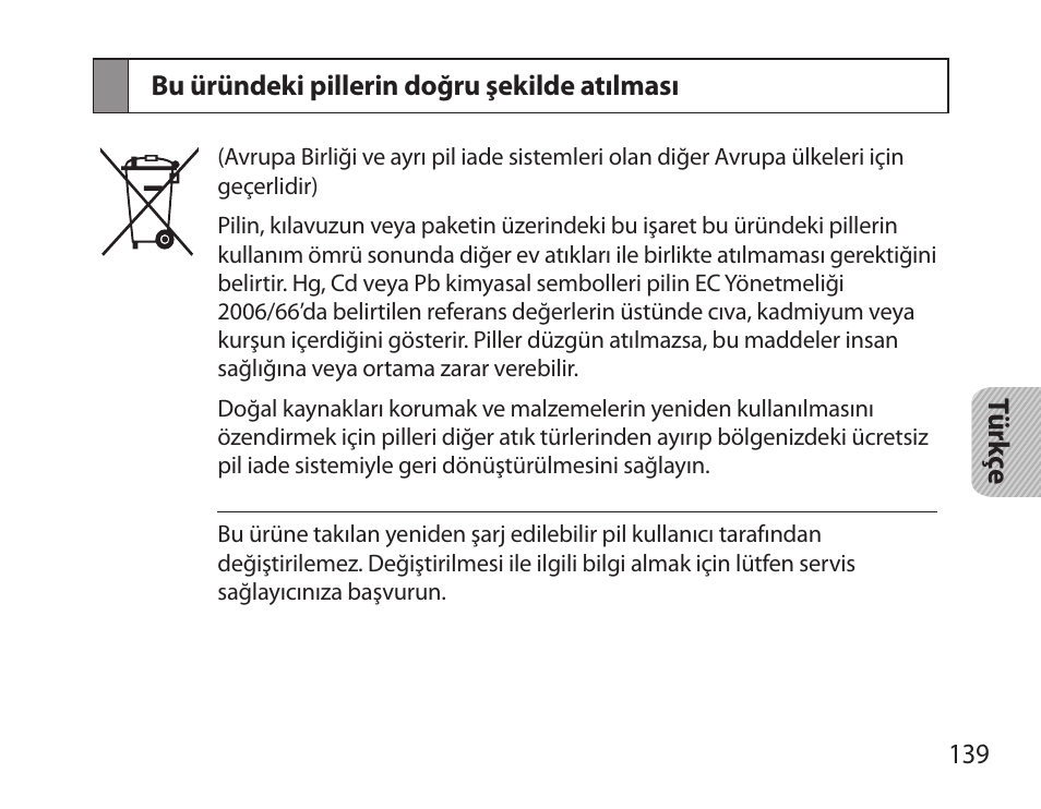 Bu üründeki pillerin doğru şekilde atılması | Samsung HM3700 User Manual | Page 141 / 213