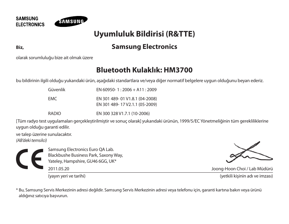 Uyumluluk bildirisi (r&tte), Bluetooth kulaklık: hm3700, Samsung electronics | Samsung HM3700 User Manual | Page 143 / 213
