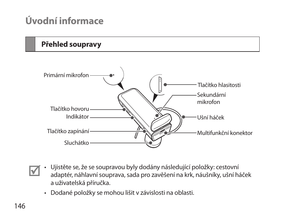 Úvodní informace, Přehled soupravy | Samsung HM3700 User Manual | Page 148 / 213