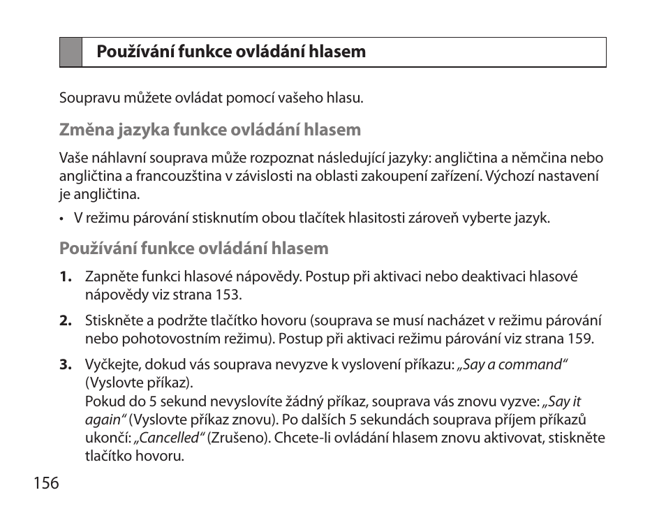 Používání funkce ovládání hlasem | Samsung HM3700 User Manual | Page 158 / 213