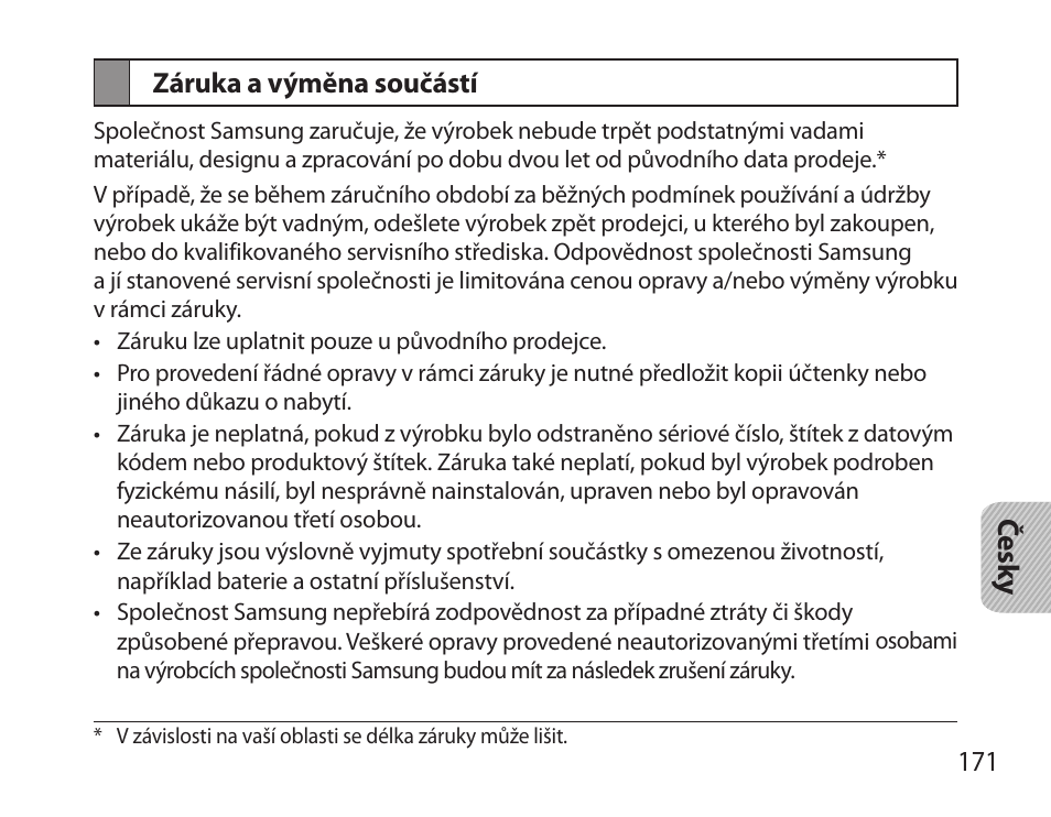 Záruka a výměna součástí | Samsung HM3700 User Manual | Page 173 / 213
