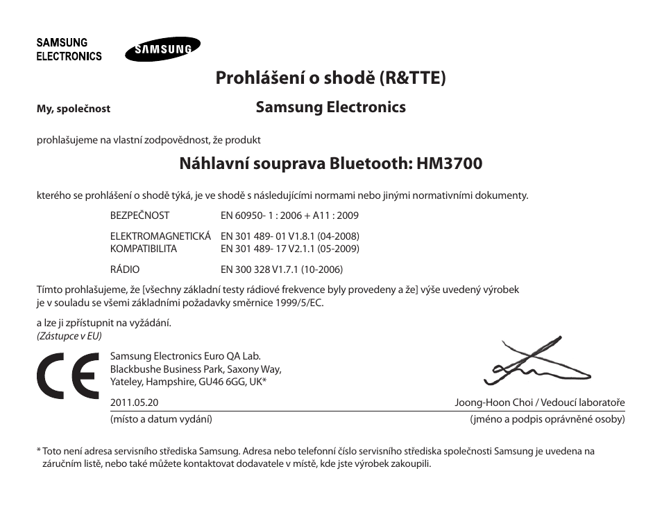 Prohlášení o shodě (r&tte), Náhlavní souprava bluetooth: hm3700, Samsung electronics | Samsung HM3700 User Manual | Page 177 / 213