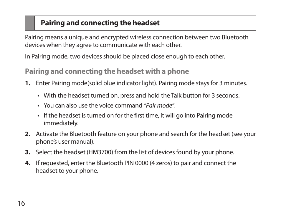 Pairing and connecting the headset | Samsung HM3700 User Manual | Page 18 / 213