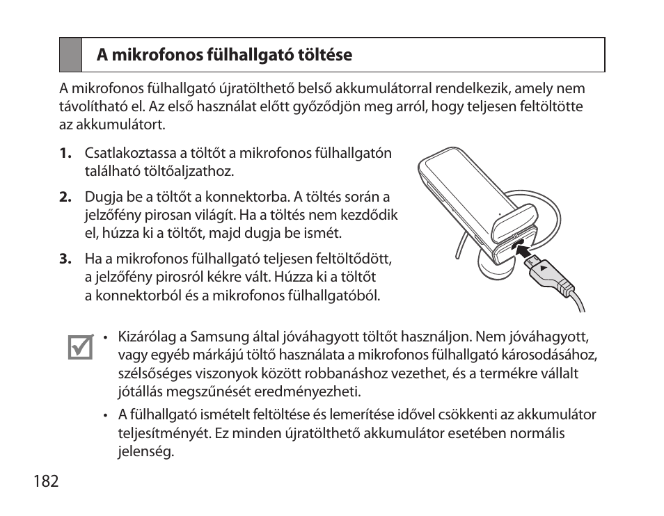 A mikrofonos fülhallgató töltése | Samsung HM3700 User Manual | Page 184 / 213