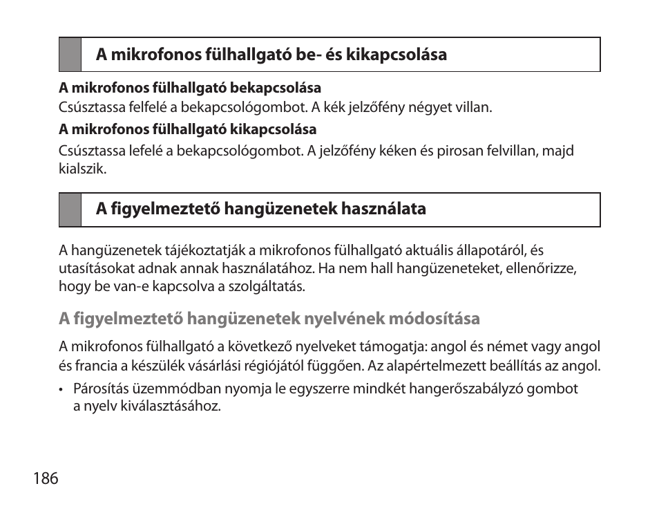A mikrofonos fülhallgató be- és kikapcsolása, A figyelmeztető hangüzenetek használata | Samsung HM3700 User Manual | Page 188 / 213