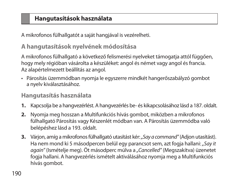 Hangutasítások használata | Samsung HM3700 User Manual | Page 192 / 213