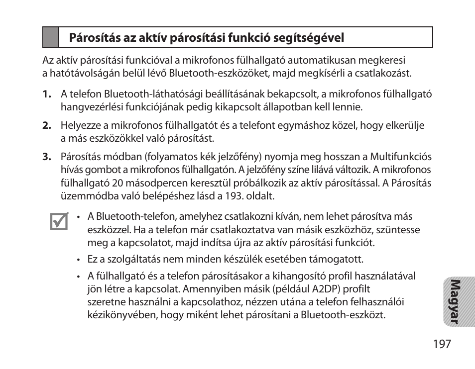 Párosítás az aktív párosítási funkció segítségével | Samsung HM3700 User Manual | Page 199 / 213