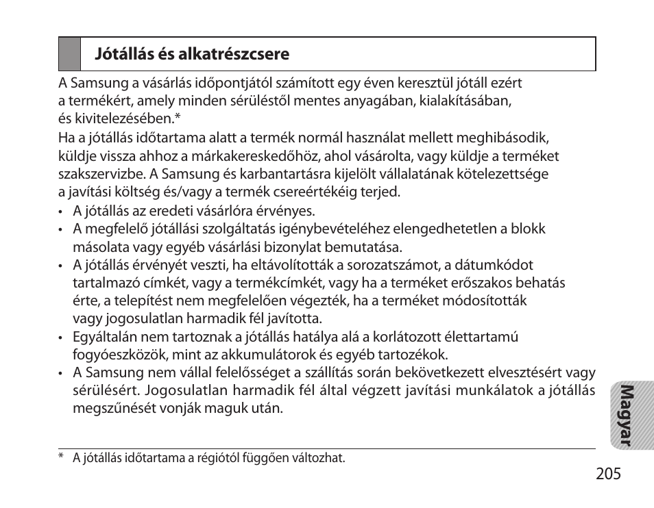 Jótállás és alkatrészcsere | Samsung HM3700 User Manual | Page 207 / 213