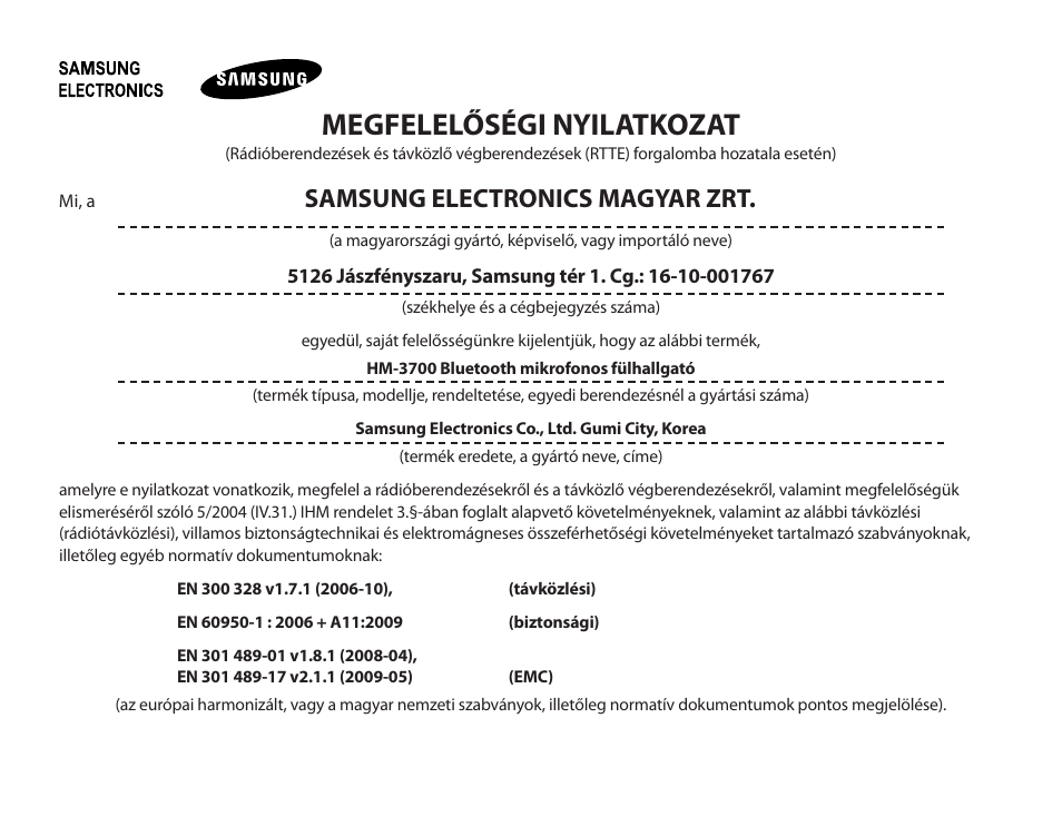 Megfelelőségi nyilatkozat, Samsung electronics magyar zrt | Samsung HM3700 User Manual | Page 211 / 213