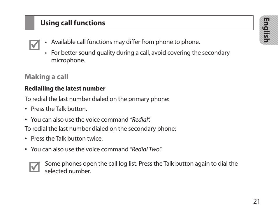 Using call functions | Samsung HM3700 User Manual | Page 23 / 213