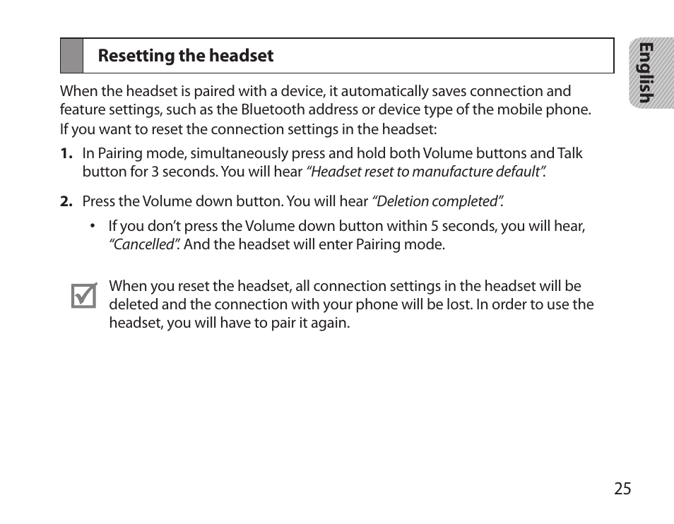 Resetting the headset | Samsung HM3700 User Manual | Page 27 / 213