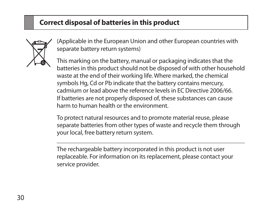 Correct disposal of batteries in this product | Samsung HM3700 User Manual | Page 32 / 213
