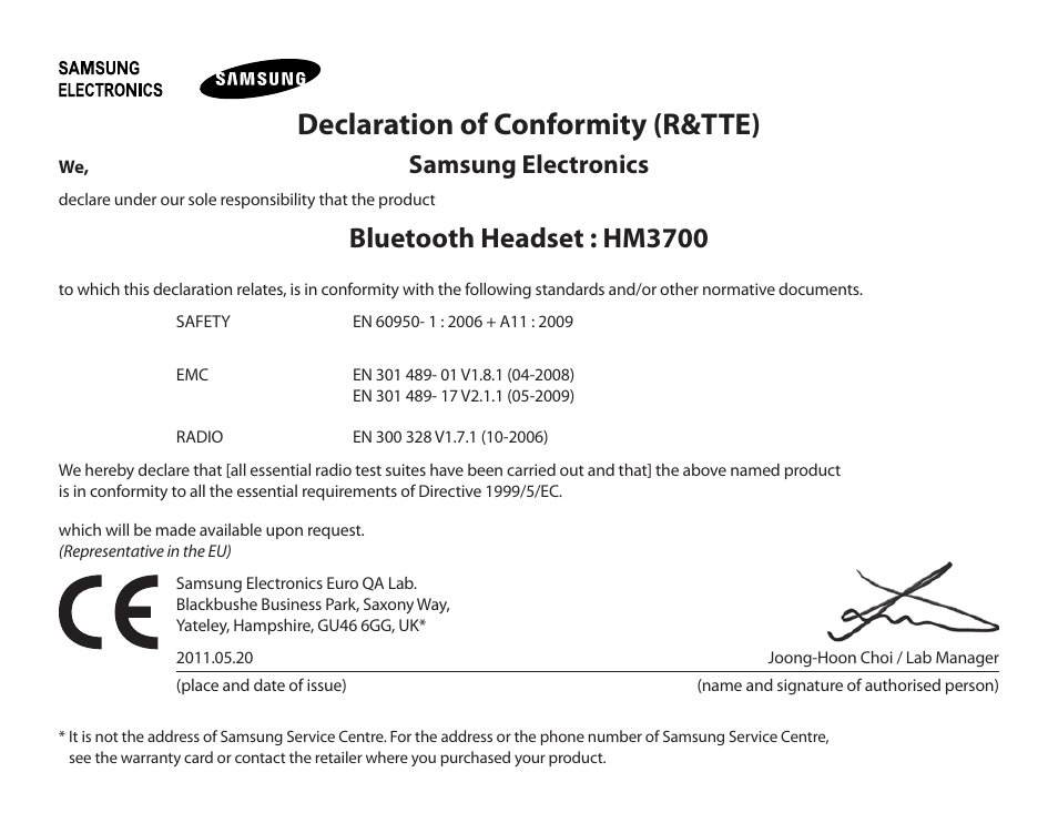 Declaration of conformity (r&tte), Bluetooth headset : hm3700, Samsung electronics | Samsung HM3700 User Manual | Page 34 / 213