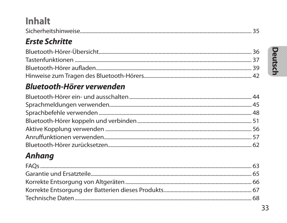 Deutsch, Inhalt | Samsung HM3700 User Manual | Page 35 / 213