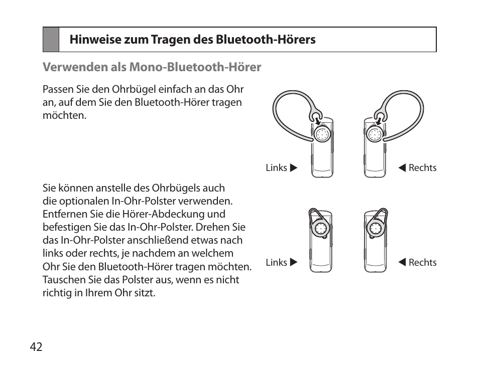 Hinweise zum tragen des bluetooth-hörers | Samsung HM3700 User Manual | Page 44 / 213