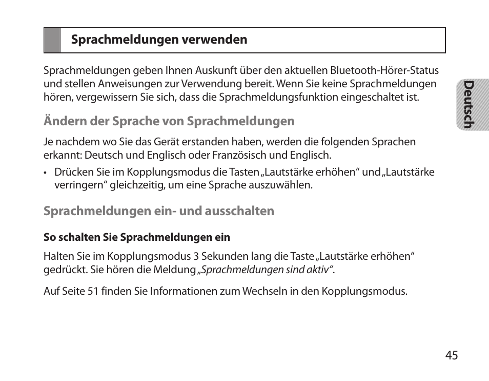 Sprachmeldungen verwenden | Samsung HM3700 User Manual | Page 47 / 213