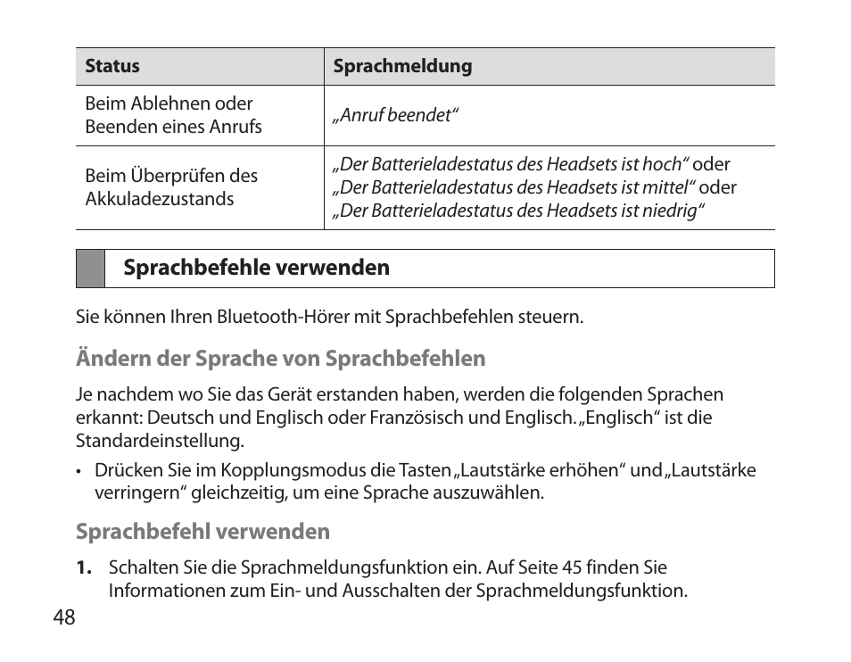 Sprachbefehle verwenden | Samsung HM3700 User Manual | Page 50 / 213