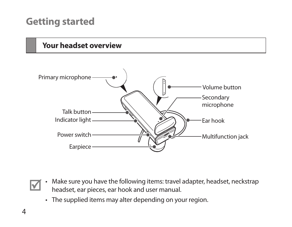 Getting started, Your headset overview | Samsung HM3700 User Manual | Page 6 / 213